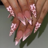 24Pcs Pink French False Nails with Stiletto Head Design Wearable Almond Fake Nail Tips Bow Stripe Oval Fashion Press on Nails