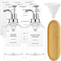 2 Pcs Coffee Syrup Dispenser Set with Bamboo Tray Reusable with Labels Funnel Clear Syrup Pump Dispenser for Coffee Bar Home