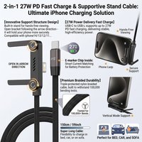 Invisible Holder Charger Cable,27W PD Fast Charging Cable ,USB-C to Light-ning Cable Adjustable Metal Stand 2 in-1 PD Cable