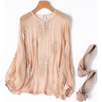 Women Silk Blouse 100% Mulberry Silk Embroidery Thin Type Transparent Orange Pink Floral Long Sleeve Shirt Top Pullover M1369