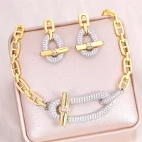 18k Gold Plated Stud Chain Nekelace Earrings Pave Zircon Crystal Jewelry Set For Women Party Banquet Luxury Jewellry