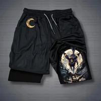 Pokemon Shorts Men Cotton Sport Pants 2025 Summer Graphic Bottoms Black Base Blue Pokemon Character Red Mane Black Smoke Pattern
