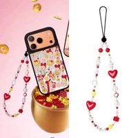 Cartoon Girl Red Heart Beads Phone Charm Straps Short Lanyard Phone Hanging Chain Wristband Bracelet