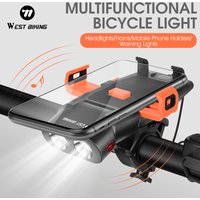 WEST BIKING 4-in-1 Bicycle Light 500LM Bike Headlight 130dB Horn Phone Holder 3000mAh USB Rechargeable Waterproof Cycling Light