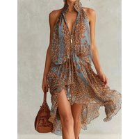 Casual Zipper Stand Collar Commuting Dress Chiffon Leopard Print Irregular Beach Dress Retro Sleeveless Hollow Hem Women's Dress