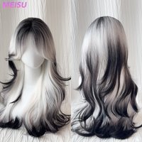 MEISU – perruque synthétique bouclée ondulée de 26 pouces, couleur noir et blanc, cheveux naturels lisses, résistants à la chaleur, perruques de fête élégantes pour femmes