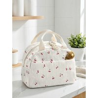 Small Cherry Pattern Insulated Lunch Bag Corduroy Portable Hand Food Storage Tote For School Outdoor Travel