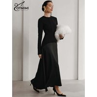 Oymimi Elegant Black O-Neck Womens Dresses Fashion Long Sleeve Patchwork Slim Dresses Casual New Straight Ankle-Length Dress