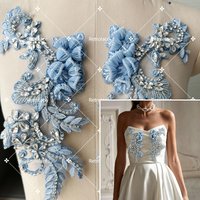 Sea Blue 3D Handmade Couture Flower Rhinestone Beading Sew on Applique Bridal Bodice Belt Sash Wedding Motif
