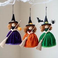 3Pcs Cute Handmade Witch Hanging Ornaments with Broomstick,Velvet Skirt Halloween Witch Decor, for Halloween Decor