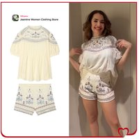 Elegant Chic Women Embroidered 2 Piece Sets Summer Co-ord Sets Round Neck Embroidered Short Sleeve Blouse Matching Tonal Shorts