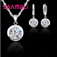 New Wedding Fine Women Jewelry Sets Real Pure 925 Sterling Silver Color Round Cubic Zircon CZ Pendant Necklaces Hoop Earrings