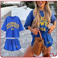 Women's Varsity Blue Short Sets with Contrasting Text Aesthetic Washed Effect Text Short Sleeve Sweatshirt and Drawstring Shorts