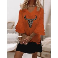 Women's Western-Style Printed Dress – Vintage V-Neck Long-Sleeve Print Dress