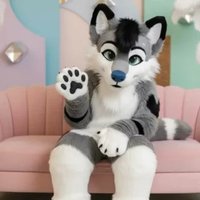 Costume de mascotte en fourrure longue gris et blanc, style Husky, loup noir, renard, pour adulte, personnage de dessin animé, idéal pour les jeux de rôle et les salons professionnels.