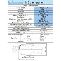M8 Lens 10mm 2 Million Pixels 1/ 3inch F1.0 Equipped with 650Nm Infrared Filter, Suitable for Mini Camera Accessories Cctv Security Lens