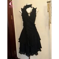 Gothic Lolita Vintage Black Chiffon Midi Dress Women V Neck Ruffle Trim Tiered Skirt Party Harajuku Alternative Fashion Outfit
