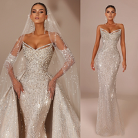 Royal Luxury Sparkling V-neck Wedding Dress Romantic Pearl Decoration Mermaid Bride Ball Dress Detachable Tail Customized