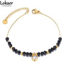Lokaer Fashion Black Crystal Beads Bracelet Stainless Steel Round Cubic Zirconia Charm Bracelets For Women Girls браслет B23091