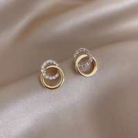 Gold Color Double Hoop Geometric Stud Earrings Sparkly Inlaid Rhinestone Earrings Female Fashion Light Luxury Ear Jewelry C