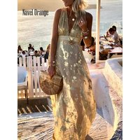 Women Deep V-Neck Maxi Party Dress Summer Patchwork Sleeveless Solid Casual Holiday Ladies Dress Elegant Streetwear Dropshipping