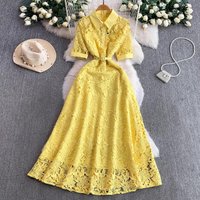 Luxury French Elegant Summer Yellow Lace Hollow Out Long Dress New 2026 Women Lapel Neck Short Sleeve Embroidery Belt Clothes