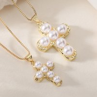 Minimalist Pearl Cross Necklace Brass Gold Plated Elegant Imitation Pearl Pendant Daily Office Women Jewelry