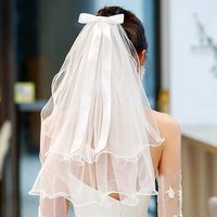 Elegant Ribbon Bow Pearl Bridal Veil with Comb Shoulder Elbow Length Short Wedding Veil Marriage Accessories Decor Supplies