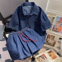 Denim Pant Set Women Two Piece Sets Turn Down Collar Shirt Tops Short Pants Lace Up Elastic Waist Y2k Streetwear Elegant Casual