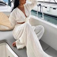Summer Breathable Loose Women 2pc Set Casual Street Holiday Suits Simple Solid V-neck Long Sleeved Top + Wide Leg Pants Outfits