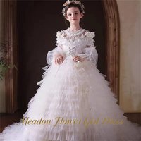 Meadow White Children Birthday Wedding Dresses Round Neck First Communion Gown with 3D Floral and Lace Trim Girls Princess Dress
