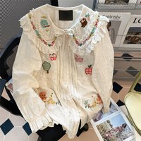 Japan Style Sweet Lace Cartoon Floral Embroidery Doll Shirts Women Spring Autumn Peter Pan Collar Long Sleeve Casual Blouse Tops