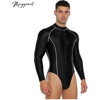 Mens Glossy High Cut Bodysuit Mock Neck Long Sleeve Front Zipper Leotard Swimsuit Rash Guard for Beach Surfing Swimming Workout