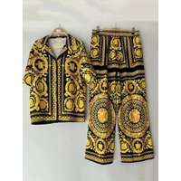 2026 Summer Women's Clothing Retro Geometric Print Lapel Short Sleeve Shirt Two-piece Set + Loose Wide Leg Pants Fashion Suit