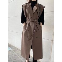 Autumnal Vintage Long Sleeveless Windbreaker Coat Women's Belted Waist Midi Length Double Breasted Outerwear for Commuting An...