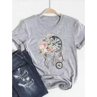 Print T Shirt Short Sleeve Flower Vintage Cute 90s Summer Top Fashion Clothes Women Clothing Gray Basic Tee Graphic T-shirt