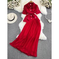 Women Vintage Elegant Beach Party Set Autumn Loose Collared Single Breasted Lace Shirt High Waist A-line Pleated Skirt for Women