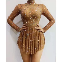 Tenue de brevà Col Haut pour Femme, Tenue de Soirée en Boîte de Nuit, Strass, Robe de Bal d'Anniversaire, Robes Courtes Transparentes