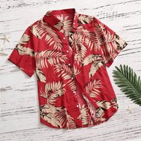 Hawaiian Shirt Men Holiday Short Sleeve Red Turn Down Collar Leaf Print Vacation Beach Tops Clothing Camisas