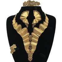 2024 New Design Fashion Woman Jewelry Set Gold-color African Necklace Bracelet Ring Earrings Full Set FHK18502
