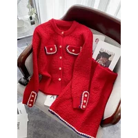 2026 Autumn Winter Knitted Two Piece Sets Womens Office Lady Long Sleeve Knitted Cardigan Sweater High Waist Skirt Suit Women's