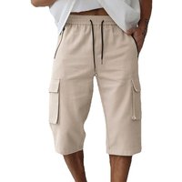 Men's 3/4-Length Cargo Shorts — Woven Twill Fabric, Multi-Pocket Casual Trousers. Non-Stretch Adult Apparel for Summer