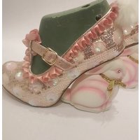 Sweet Pink Sequins Flower Cute Rabbit Heels Pumps Woman Back Fur Ball T-Straps Ruffles Round Toe Animal Heel Wedding Shoes