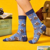 1 Pair Crew Socks With Funny Sea Otter Print In Blue, Comfortable Breathable Moisture-Wicking, Interesting Novelty