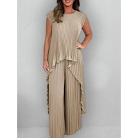 Summer Solid Casual Holiday Two Piece Sets Elegant Women Pleated Irregular O Neck Sleeveless Top + Wide-leg Pants Loose Outfits