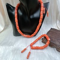 10-12mm Vintage Natural Sea Bamboo Orange Coral Tibet Aka Jewelry Short Collar Necklace Bracelet Jewelry Set 20" 7.5"