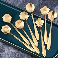 6Pcs Stainless Steel Flower Shape Spoons Golden Long Handle Random Type Dessert Coffee Mixing Spoon (8 Types in Total)