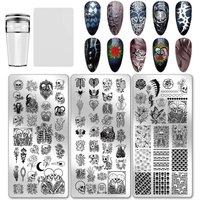 3pcs Skull Nail Stamping Plates Bone Skeleton Flower Nail Art Templates Gothic Skull Art Stencils Image Plate with Stamper