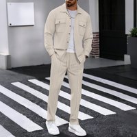 Spring and autumn new style waffle plain color double-pocket button long-sleeved shirt paired with long pants casual suit