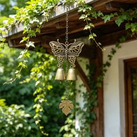 1Pc Metal Wind Chime, Featuring a Delicate Hollow Butterfly as the Main Element, with Two Metal Bells Hanging Below, and a Maple Leaf Pendant at the Bottom, Suitable for Hanging Decorations Outdoors,